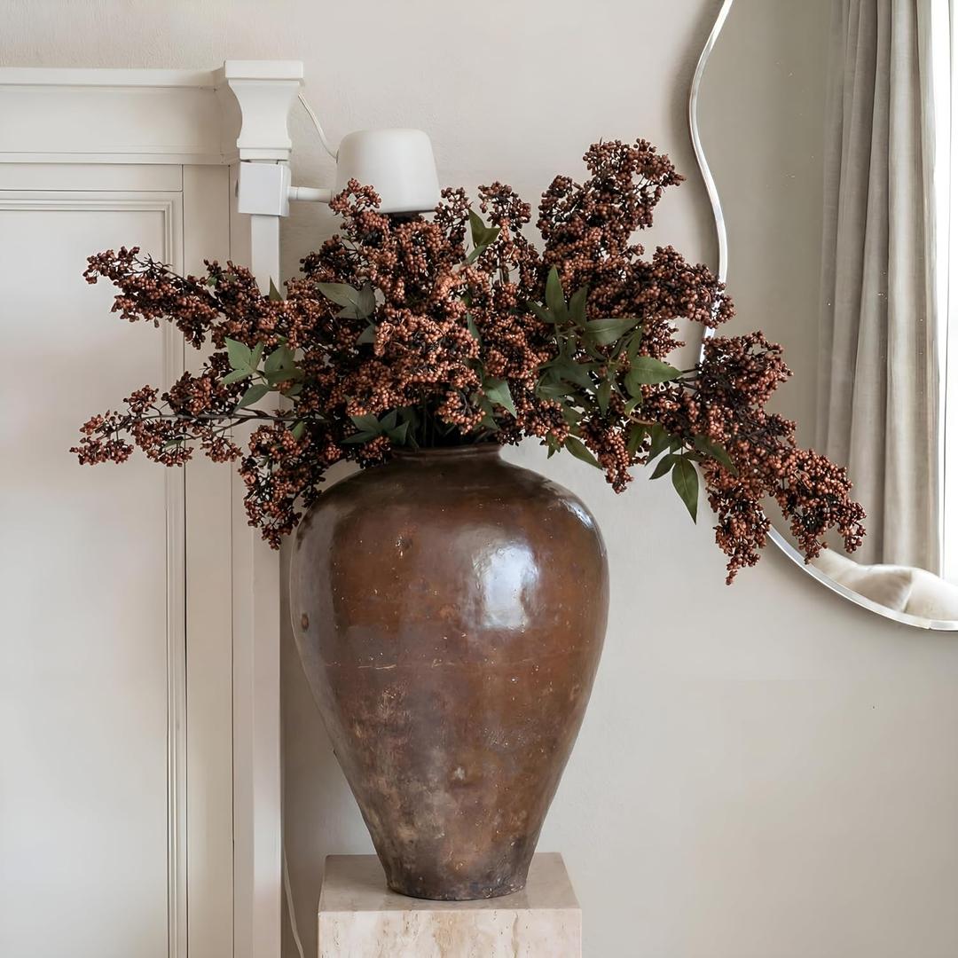 Dingion 3 Pcs 43 Inch Dark Brown Berry Stem Artificial Spring Faux Sedum Stem Spray Flowers Realistic Flowers Branches Floral Picks for Vase Wedding Holiday Mantel DIY Harvest Seasonal Home Decor