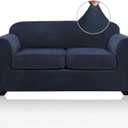 PrinceDeco Velvet Couch Cover Loveseat Covers for 2 Cushion Couch 3 Piece Sofa Covers for Dogs Washable Loveseat Covers Width Up to 72 Inch No Slip Stretch Sofa Slipcover(Medium, Navy)