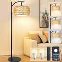 Boho Rattan Floor Lamp with Shade 12W Bright Dimmable LED Bulb, Remote Control 3 Color Temperatures, Modern Farmhouse Handwoven Arc Standing Light for Living Room Bedroom
