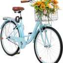 VEVOR Women Bike, 7-Speed and 1-Speed, 24-26 Inch Pink and Light Blue Beach Cruiser Bike, with Large Capacity Basket and Rear Rack, Adjustable Seat, Fits for Cycling, Exercise & Shopping