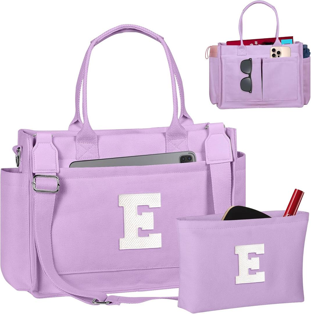 Freesya Valentines Day Gifts for Her, Initial Tote Bag with Makeup Bag, Teen Girl Gifts Trendy Stuff, Birthday Gift for Women (Lavender)