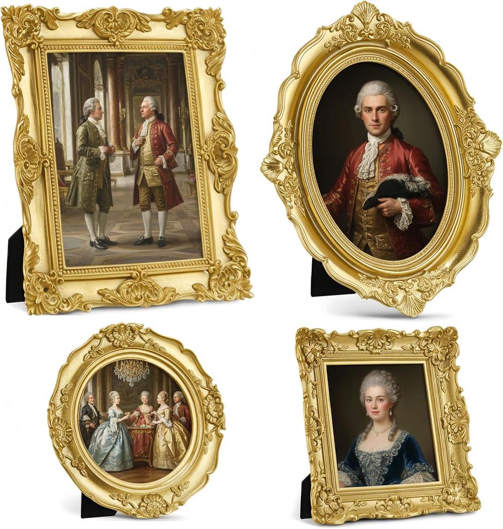 Beeveer 4 Pcs Vintage Picture Frames Resin Classic Baroque Gold Photo Frames with Glass Front Ornate Wall Hanging and Tabletop Display for Home Hotel Photography Retro Decoration (Floral)