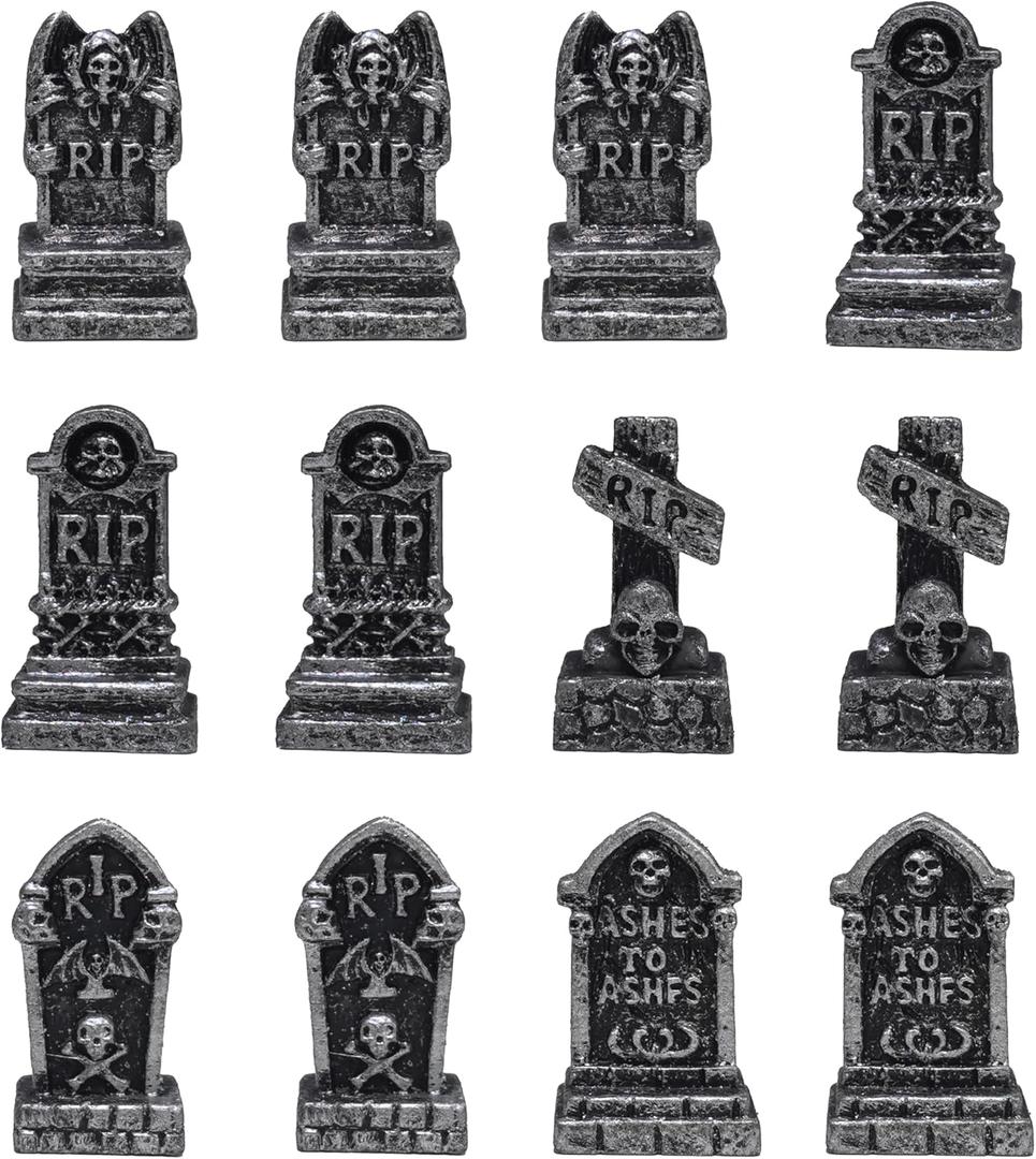 FESTGLOX 12PCS Mini Tombstones for Halloween Decoration, Resin Miniature Gravestones for Terrarium, Mini Headstones, Small Graveyard Set, Gothic Cemetery Figurines for Haunted House, Tabletop Displays (Black)