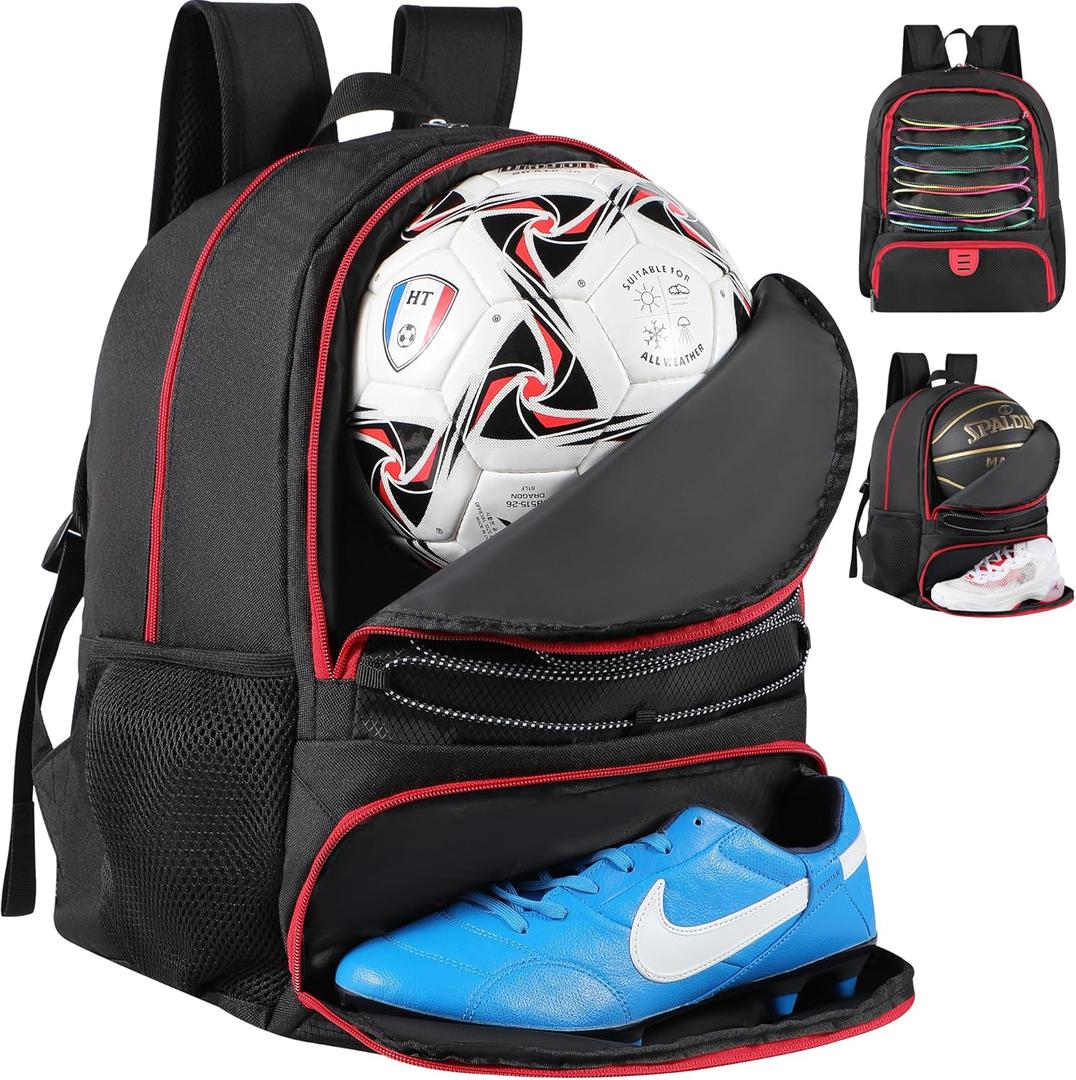 Basketball Bag Backpack for Men Women with Ball & Shoes Compartment 30L Capacity Lightweight Breathable Boys Girls Soccer Ball Bag Backpack Fit Volleyball Football Sports Travel School Gym (TK13Red)