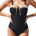 BMJL Womens One Piece Swimsuits Retro Black Tummy Control Bathing Suits Elegent Tie Front Swimwear (Red, M)