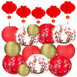 22Pack Hibach Party Decorations Chinese Japanese Paper Lanterns Cherry Blossom Red Gold Paper Lantern 12in 10in 8in 6in for Asian Theme Birthday Home Restaurant Wedding Party New Year Decorations