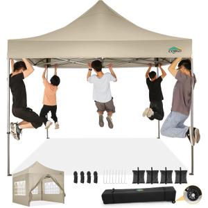 COBIZI 10x10 Pop Up Canopy with 4 Sidewall,Heavy Duty Canopy UPF 50+ All Season Wind Waterproof Commercial Outdoor Wedding Party Tents for Parties Canopy Gazebo with Roller Bag(10 x 10 ft Khaki)