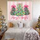 WHCHJ Coquette Christmas Tree Tapestry Backdrop, Merry and Bright Christmas Tapestry Wall Hanging, Preppy Girly Pink Striped Xmas Tapestries Wall Blanket Decor for Party Home Room Dorm, 50x60 Inch