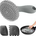 SUBEKYU Cast Iron Scrubber with Silicone Handle, Stainless Steel Skillet Cleaner for Cast Iron Pans (Gray Scrubber + Scraper)