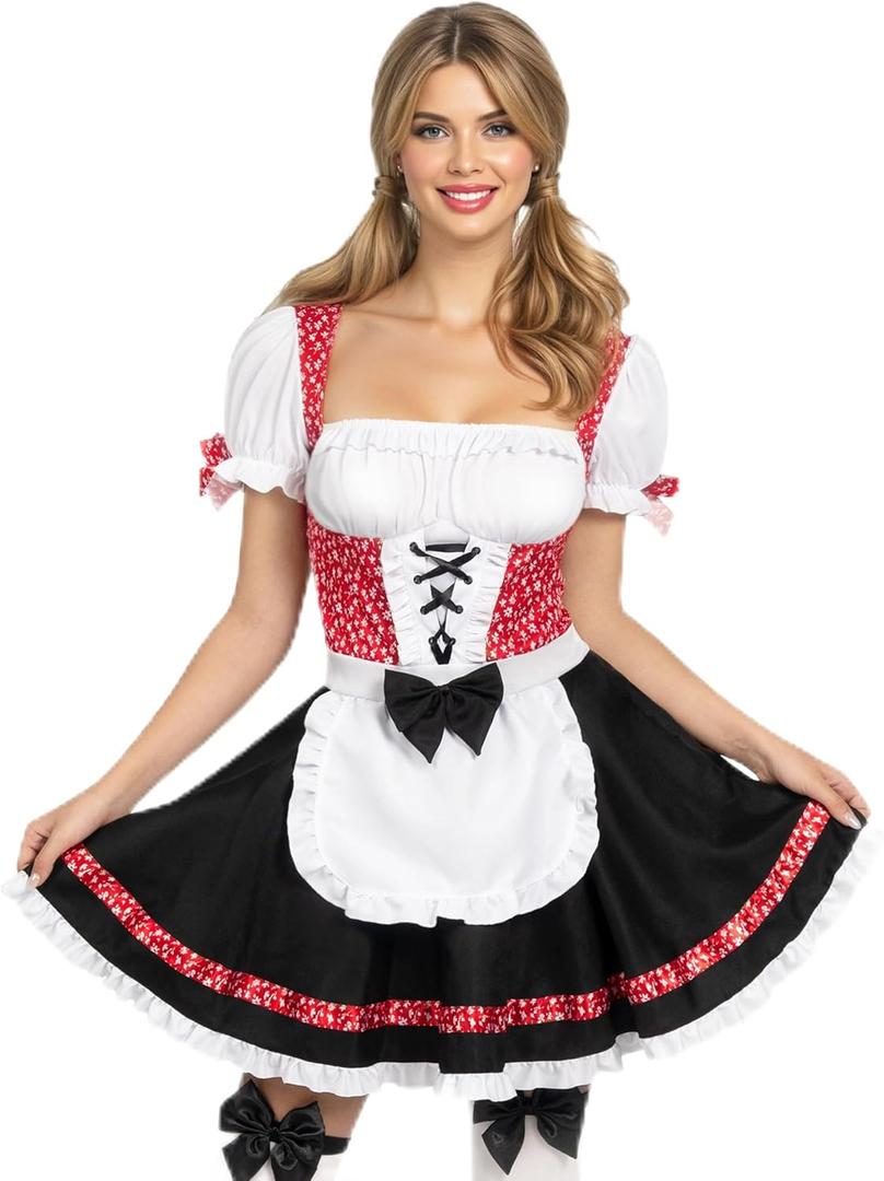Spooktacular Creations Women Oktoberfest Costume, Dirndl Dress German Beer Girl Outfits for Halloween Party Beer Carnival (Medium, Red)
