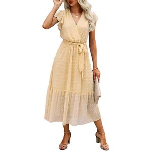 BTFBM Women Summer Bohemian Floral Casual Wrap V Neck Ruffle Cap Sleeveless Belt A-Line Pleated Hem Midi Sun Dress White, L