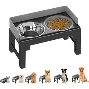 PAKEWAY Elevated Dog Bowls, Spill Proof, Tiltable Dog Feeder with 1 Slow Feeder Bowl &1 Stainless Steel Bowl, 6 Height Adjustable Raised Dog Bowls Stand for Medium Large Dogs (Grey)
