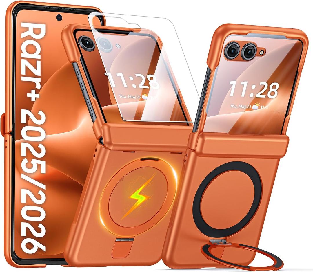 CENMASO for Motorola Razr+ Plus 2026 Case with Hinge Protection & Built-in Screen Protector & Magnetic Ring Stand, Slim Lightweight Full-Body Shockproof Case for Moto Razr+ Plus 2026 Case-Orange