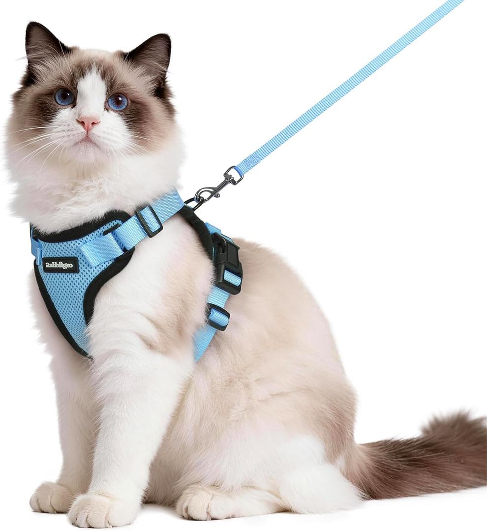 rabbitgoo Cat Harness and Leash for Walking, Escape Proof Soft Adjustable Vest Harnesses for Cats, Easy Control Breathable Reflective Strips Jacket, Light Blue, M