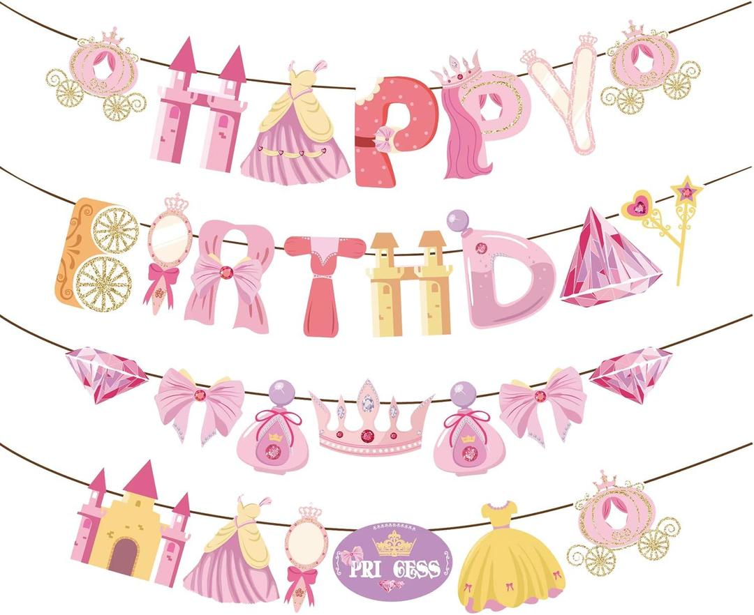4PCS Princess Happy Birthday Banners  Pink & Gold Fairy Tale Decorations with Castles, Dresses, Crowns & Carriages for Birthday Party
