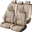 Car Seat Covers Full Set, Nappa Leather Seat Covers for Cars, Beige Car Seat Protector Waterproof, Car Seat Covers Front Seats and Back Fit for Most Cars SUVs Trucks