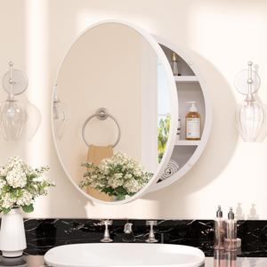 TETOTE Bathroom Mirror Cabinet 30 x 30 White Round Bathroom Medicine Cabinet with Mirror Adjustable Shelves Farmhouse Wall Mirror with Storage Surface Mounted