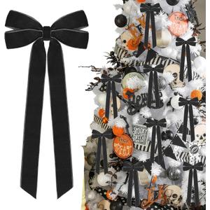 12Pcs Black Velvet Ribbon Bows Halloween Tree Decorations,5in x 10in Christmas Ornaments for Tree Home Party Front Door Wreath Holiday Decor
