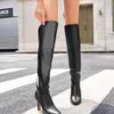 Coutgo Womens Thigh High Boots Pointed Toe Chunky Heel Wide Calf Over the Knee Boots Winter Shoes (Black)