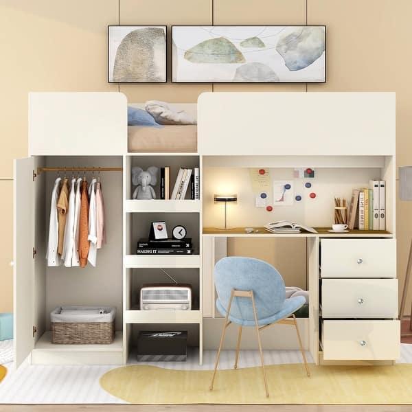 Harper & Bright Designs Full Size Loft Bed with Desk, Wood Loft Bed with Wardrobe & Storage Drawers, High Loft Bed Frame with Storage Shelves and Wardrobe for Kids Teens Adults, Beige