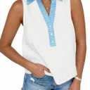 Tankaneo Womens V Neck Cropped Tank Tops Button Up Color Block Tees | Sleeveless Shirts, Loose Fit, Summer Dressy Casual (White, L)