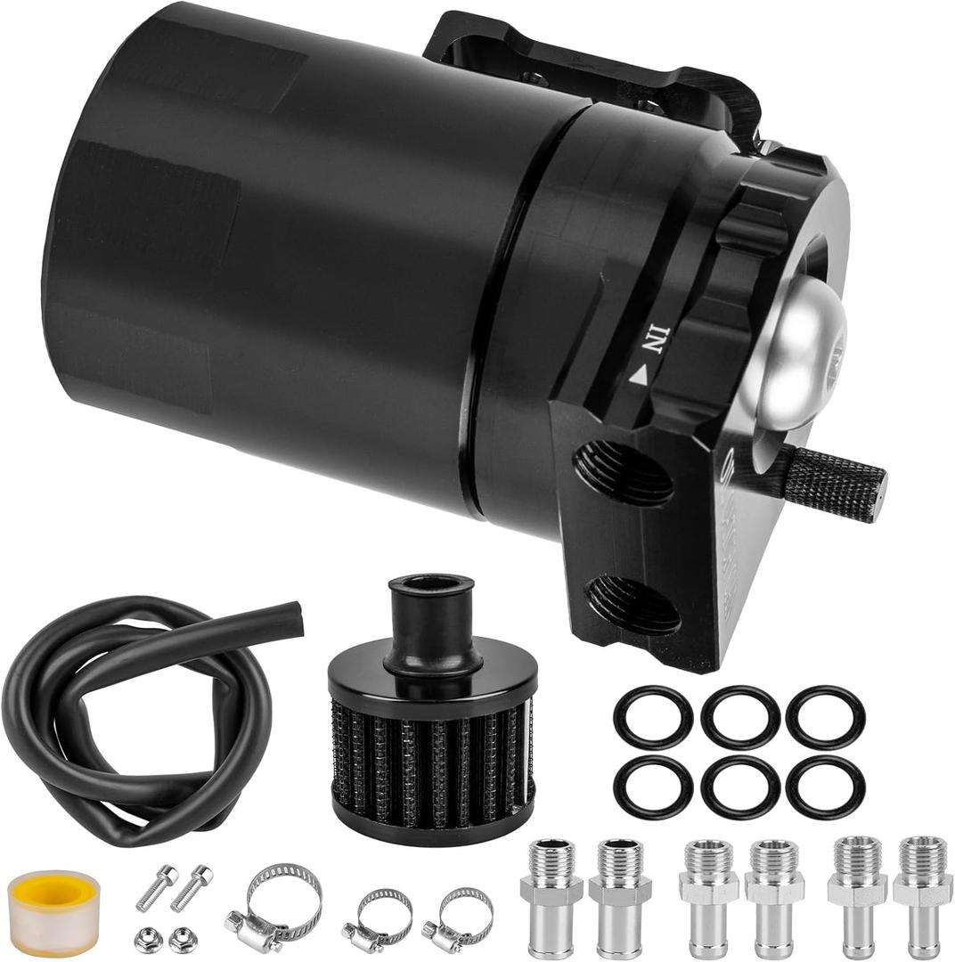 Oil Catch Can, 300ml Black Baffled Catch Can Tank Kit, Aluminum Oil Separator with Fuel Line Hose Kit, Coolant Reservoir Tank