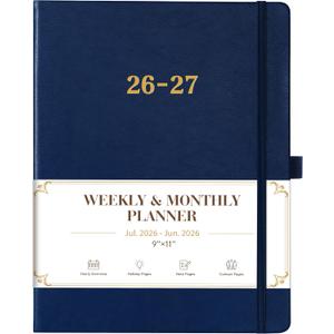 2026-2027 Planner - Planner 2026-2027, 8.5"x11", July 2026 - June 2027, Leather Calendar Weekly and Monthly Planner 26-27, Leather Hardcover, Pen Loop, Elastic Closure, Pocket - Navy