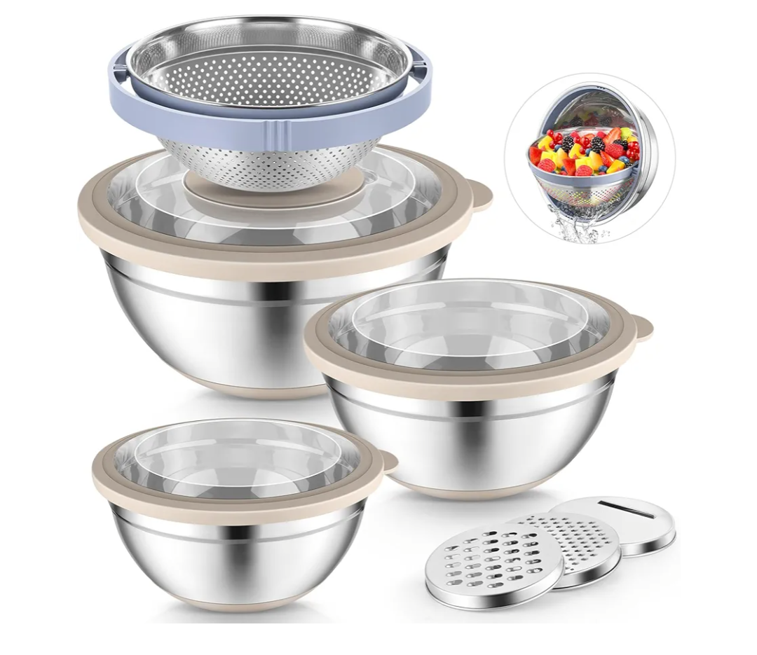P&P CHEF Mixing Bowls with Lids Set of 3, Stainless Steel Mixing Bowl and Colander for Kitchen, 3 Grater Attachments & Non-Slip Bottoms, Visible & Airtight Lid, Khaki