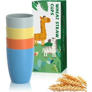 Homienly Kids Cups Premium Wheat Straw Cups Set of 4, Reusable Cups, Unbreakable Drinking Cup 12 OZ, Dishwasher and Microwave safe, Tumbler for Juice, Drinks, Milk - Beach Color
