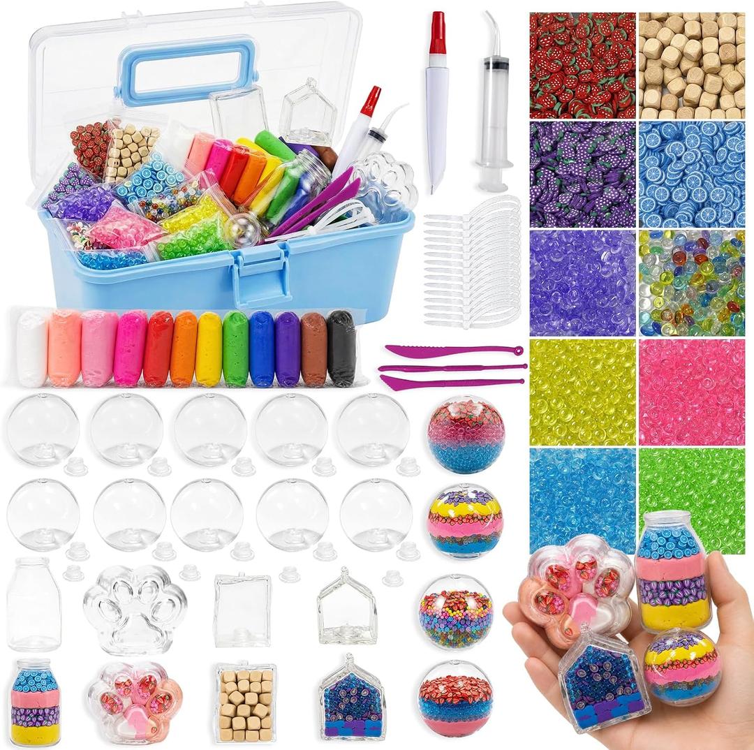 DIY Squishy Making Kit -14 TPR Skin,Stress Ball Making kit with Storage Box | Skins include (Stress Ball,Milk bottle,Ice Cube,Cat Paw),Make Your own Squishy,Crunchy Stress Ball For stuff for girls 10-12