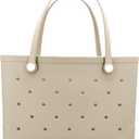 CXY Rubber Beach Bag, Waterproof Travel Tote bag for Women Outdoor Summer Beach Tote Washable Bag Open Handbag for Daily (Medium, 04 Khaki Cream)