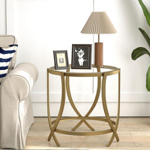 ASYA Round End Table, Glass Side Table with Tempered Glass and Metal Frame, Gold Nightstand for Living Room, Bedroom and Office