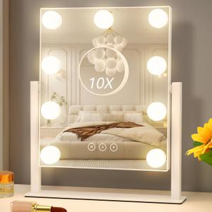 Vanity Mirror with Lights, Hollywood Vanity Makeup Mirror with 9 Dimmable LED Bulbs, 3 Color Lighting Modes, Detachable 10X Magnification, 360Rotation,White