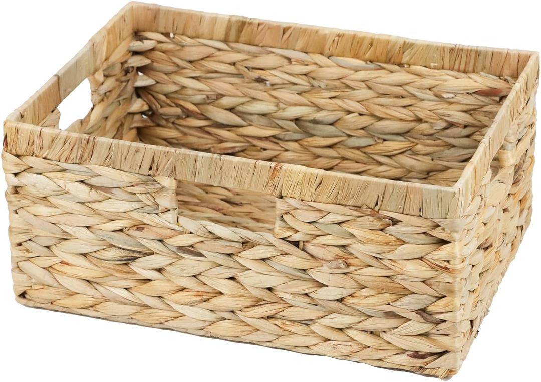 Large Wicker Basket, 15" Water Hyacinth Wicker Storage Baskets for Organizing, Rectangular Storage Baskets for Shelves, Rattan Woven Basket with Built-in Handles
