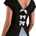 Avanova Women Bow Open Back Backless Tops Cap Short Sleeve V Neck Shirts Summer Casual Black Large (Black, L)