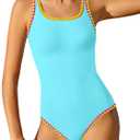 Qaoerde Girls Swimsuit One Piece Swimsuits Solid Color Bathing Suit Colorful Contrast Trim Adjustable Straps Swimwear 9-16Y (Blue, XS)