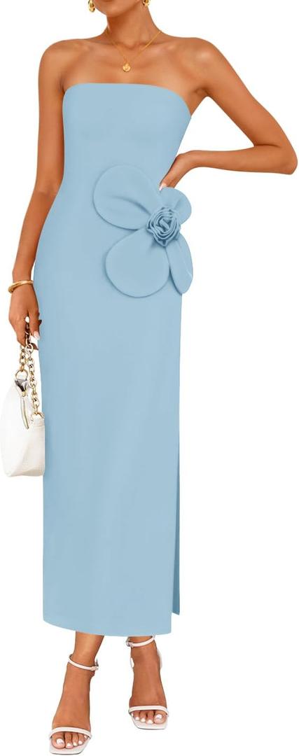 ZESICA Women's Summer Strapless Bodycon Maxi Dress 2025 Ribbed Knit Backless Floral Tube Cocktail Party Long Dresses (Large, Blue)