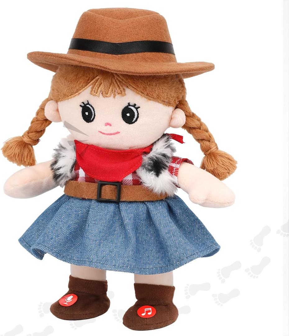Hopearl Talking Singing Cowgirl Repeats What You Say Girl Walking Doll Electric Interactive Animated Toy Speaking Plush Buddy Gifts for Toddlers, 9.5''