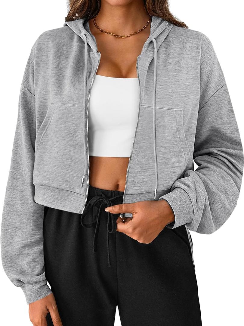SOFIA'S CHOICE Cropped Zip Up Hoodie Women Long Sleeve Drawstring Sweatshirt with Pockets Light Gray Medium (Gray)