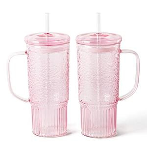 GOSCHE Glass Cups with Lids and Straws, 24oz Glass Tumbler with Straw and Lid, Iced Coffee Cups with Handle for Smoothie Juice Water Tea, Pink, 2 Pack