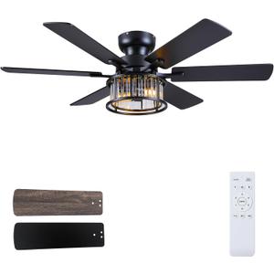 Hounberi 48" Industrial Ceiling Fan with Lights and Remote, Rustic Flush Mount Ceiling Fans with Crystal & Metal Caged Shade, 6-Speed Reversible, 6 Dual-Finish Blades, E26*2 Blub Base for Living Room
