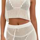 Fisoew Womens 2 Piece Crochet Sets Sleeveless Crop Tops Cover Up Beach Mini Skirt Outfits Vacation Sets