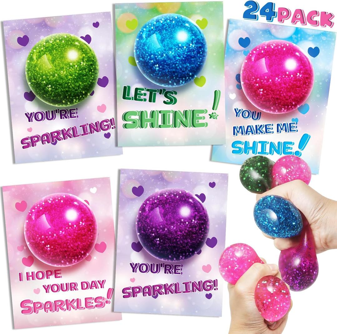 AuroTops Valentines Day Cards for Kids,24 Pack Stretchy Ball with Cute Valentine's Cards,Squeeze Toys Fidget Toys Bulk for Valentine Party Favors for Boys & Girls,Valentines Day Exchange Gifts