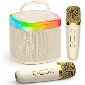 JYX Mini Karaoke Machine for Kids, Portable Bluetooth Karaoke Speaker Unpowered Cabinets with 2 Wireless Microphones and Party Lights for Adults, Birthday Gifts for Girls Boys Family Home Party(Beige)