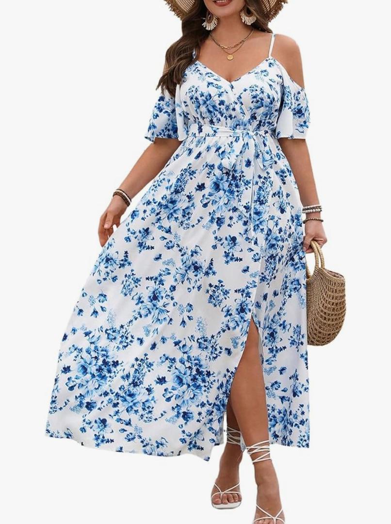 Floerns Women's Plus Size Cold Shoulder Short Sleeve Split Thigh Long Dress, XL PLUS