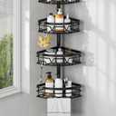 KEGII Corner Shower Caddy Tension Pole, Large Capacity 4-Tier Shower Organizer with Towel Bar, Adjustable 52-114.2 Inch No-Drill Rustproof Bathroom Corner Shelf with Hooks & Razor Holder, Black