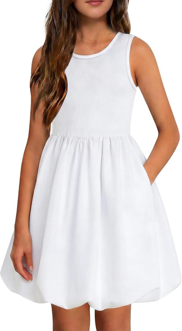 ALISISTER Girls White Dresses Sleeveless Bubble Graduation Party Formal Dress Summer Short Sundress with Pockets 12-13 Years