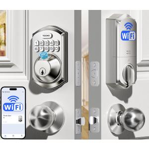 TEEHO TE012W-K WiFi Smart Keyless Entry Door Lock with Handle, Fingerprint Door Knob & Digital Keypad, APP Remote Control, Works with Alexa & Google, Electronic Deadbolt for Front Door, Satin Nickel