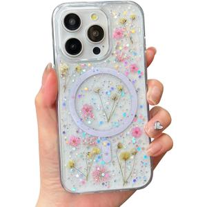 Cute Real Flowers for iPhone 16 Pro Max Case [Compatible with MagSafe] Glitter Magnetic Cover with Pressed Dried Floral Women Girly Phone Case for iPhone 16 Pro Max 6.9" - Clear Sparkly