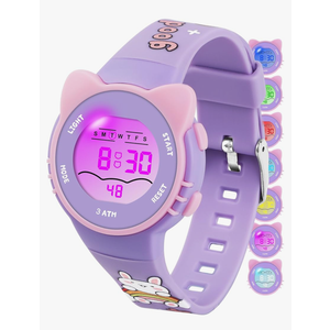Kids Digital Analog Watches for Girls Boys, 7 Color Lights Waterproof Cute Wristwatches for Kids with Alarm Stopwatch, Great Present for Girls Boys Ages 5-13 Purple